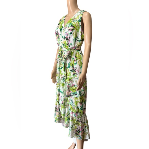 NWT Leslie Fay Sz 4 Tie Waist Ruffle Skirt Floral Print Chiffon Faux Wrap Dress - Picture 4 of 12